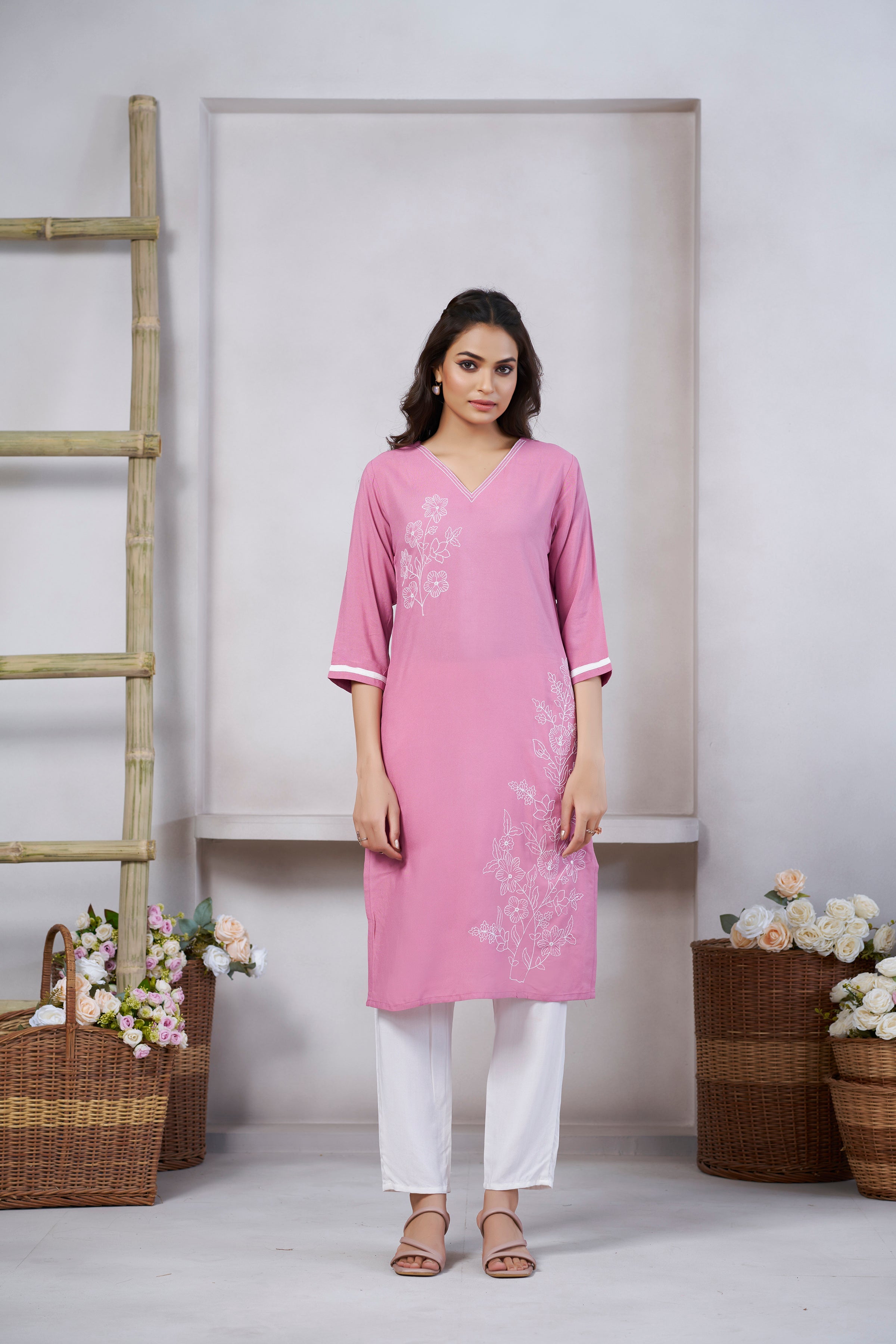 Light Pink Viscose Rayon Kurti with Thread Work and 3/4 Sleeves with Stylish Neckline